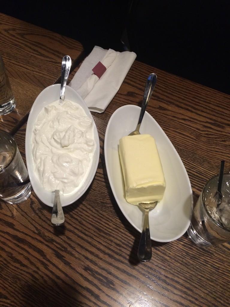 KyrstenBecker's tweet photo. They didn't want us to run out of butter or sour cream at our pregame meal #butterboat #sourcreamsunday #bakedpotato http://t.co/3lEN2zzB5e