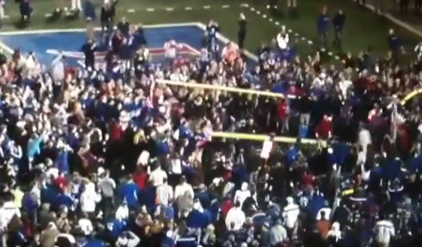 SBNation's tweet photo. Kansas fans tore down the goalposts after beating 2-7 Iowa State http://t.co/hcIGcQLj9E http://t.co/q33MMFcV3Q