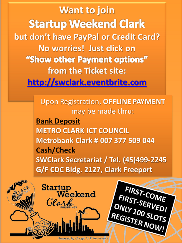 celiner615's tweet photo. No more excuses not to register for #StartupWeekendClark! Offline payments now accepted! http://t.co/aoSOTr80rr http://t.co/rJw745glsU