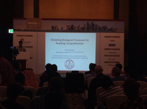 emnlp2014's tweet photo. Vivek Srikumar, winner of the best paper at #EMNLP2014 is now presenting on the main conference. Cc: @stanfordnlp http://t.co/Ix2yP5Io9E