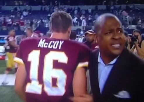 ForTheWin's tweet photo. Redskins VP of Communications physically stops ESPN reporter from interviewing Colt McCoy http://t.co/1fCGseDDkG http://t.co/HVjsiBnEuk
