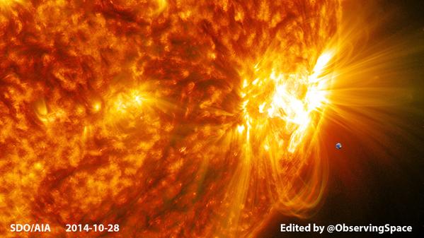ObservingSpace's tweet image. Composite pics of the #sun &amp;amp; the area around sunspot AR 2192 with a surging M-class solar flare #sdo #solarflare