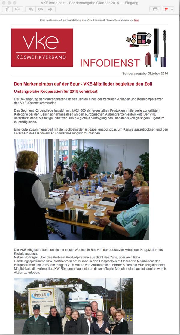 Sonderausgabe des <a href="/Kosmetikverband/">VKE-Kosmetikverband</a>-Infodienestes versandt: Markenpiraten auf der Spur - Mitglieder begleiten den Zoll