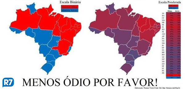 portalR7's tweet photo. Após onda separatista, mapa de pesquisador viraliza ao indicar que País não está dividido http://t.co/urCNJXjXe7 http://t.co/HfWAAPTI6J