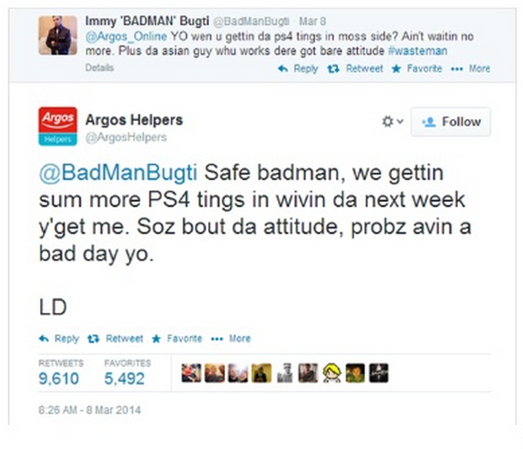 LaureJeremie's tweet photo. How #ArgosHelpers responded to a customer. Takeaway: ‘people love brands who use slang’. #contentmarketing #seo http://t.co/ONNCzRMSbI