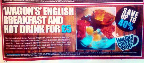 Grab a @hulldailymail today to get our fantastic voucher offer... Full English AND a drink for just £5 #wagons