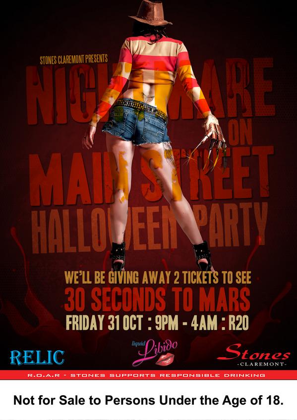 .#Halloween #Party  Friday 31st <a href="/stonesclaremont/">Stones Claremont</a> DJ's <a href="/Flash_Kings/">Flash Kings</a> <a href="/H2DBeatbreakers/">H2D Beatbreakers</a> x2 tickets to <a href="/30SECONDSTOMARS/">THIRTY SECONDS TO MARS</a>