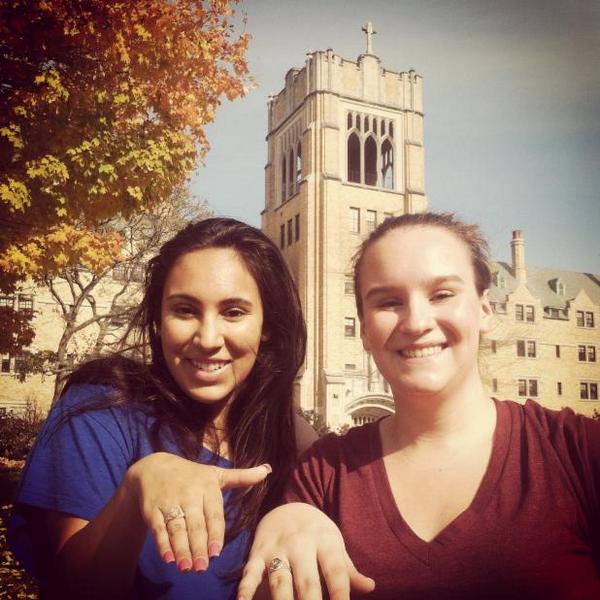 saintmarys's tweet photo. Kelsey Hughes ’16 and Kelly Quinn ’16 pose with their new class rings. #bellesring #discoverSMC http://t.co/jsuCI11dCV