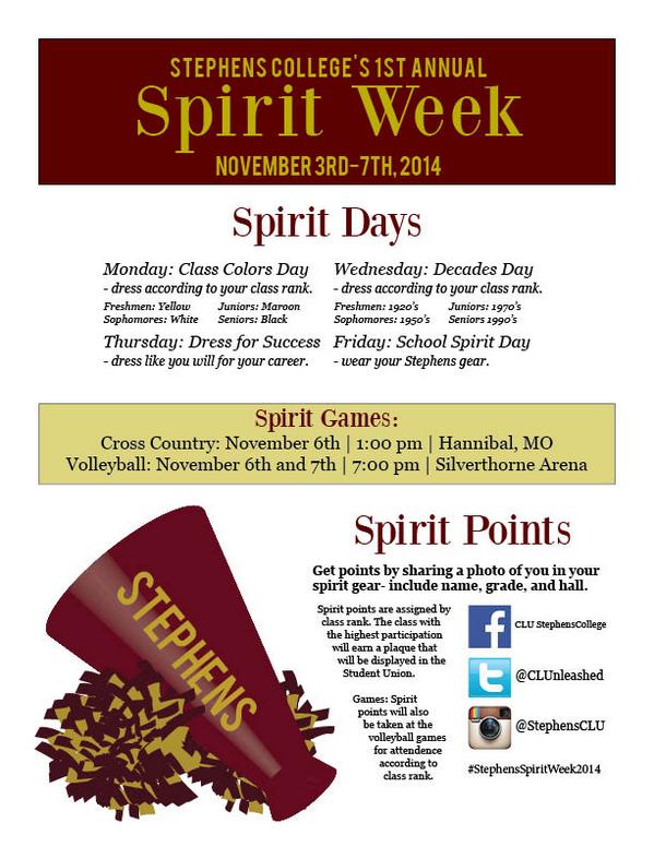 CLUStephens's tweet image. Spirit Week is Nov 3-7. Dress up to earn class points! Go to the spirit games! #GoStars #StephensSpiritWeek2014