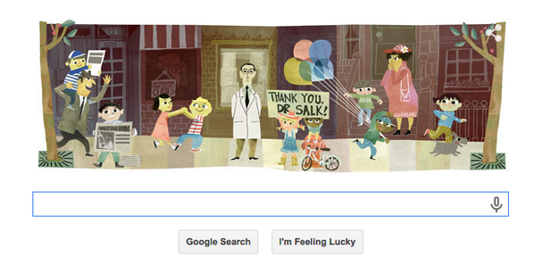 scifri's tweet photo. Today's Google Doodle honors Jonas Salk, the creator of the polio vaccine. http://t.co/7xodyvI7C5 http://t.co/oBq1SBViEb