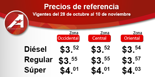 ALBAPetroleosSV's tweet photo. ¡Buenos días! Les compartimos los precios de referencia a partir de este día.  Ve a tu #ALBAestación más cercana http://t.co/s9WPlM9B4T