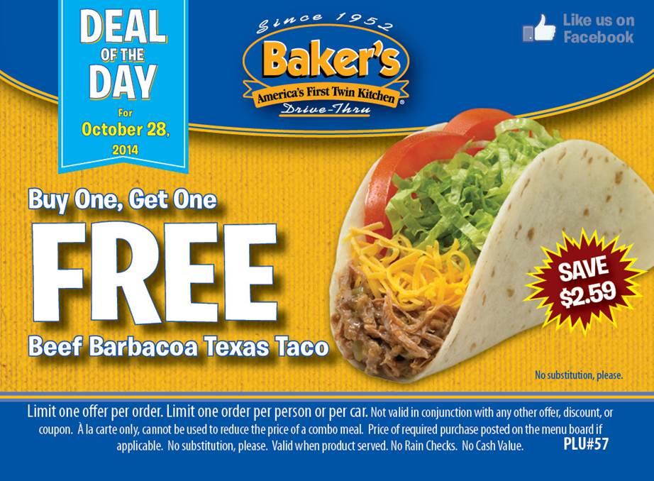 Baker's Drive Thru on Twitter "Buy one Beef Barbacoa Texas Taco, get