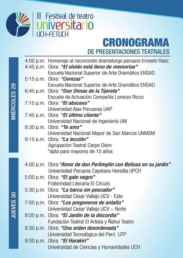 EnlaCuartaPared's tweet photo. La #UCH presenta cartelera teatral con las siguientes obras el día de mañana, no dudes en asistir! #Enlacuartapared http://t.co/UQZeeKAdjN