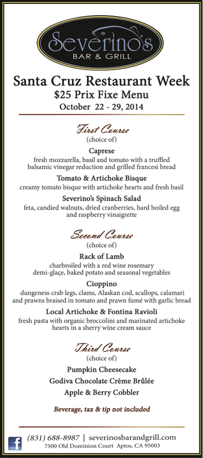 santacruzdining's tweet photo. #SCRW14 Restaurant Showcase: #SeverinosBarAndGrill
More Information - http://t.co/ejjkyOA0pH http://t.co/UH2kRMkGBY