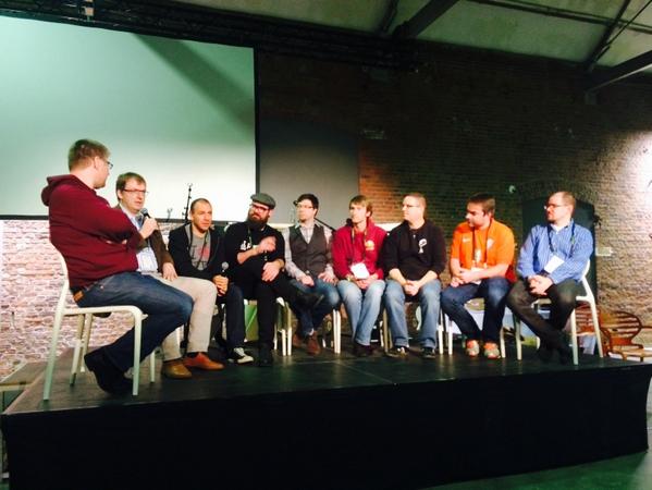 bridgetkromhout's tweet photo. Five years of devops super-group podcast panel closing down #devopsdays in Ghent. http://t.co/qzfeU5k8hM