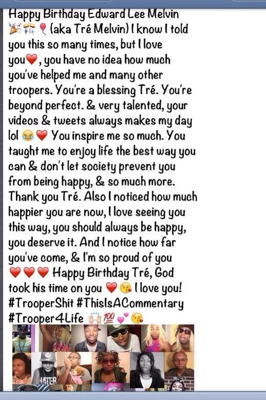 DestinyW94's tweet photo. HAPPY BIRTHDAY @TreMelvin 🎉❤💕💋 I LOVE YOU❤ #TréDay #TrooperShit http://t.co/Zoe5mGQhN6