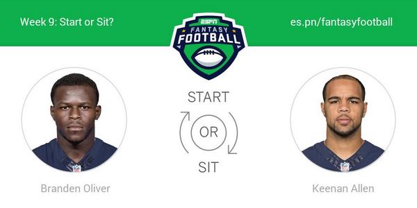 Andrew Joyce (@drewjoyce30) on Twitter photo Who should I start this week? Branden Oliver or Keenan Allen! <a href="/ESPNFantasy/">ESPN Fantasy Sports</a> #FantasyFootball Who should I start this week? Branden Oliver or Keenan Allen! <a href="/ESPNFantasy/">ESPN Fantasy Sports</a> #FantasyFootball