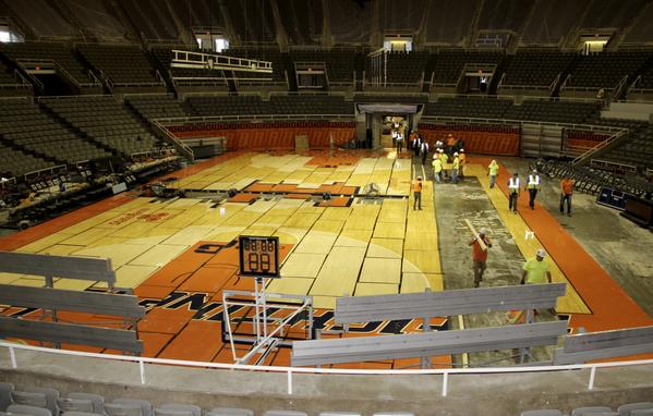 Basketball court is fine (Storm water enters State Farm Center)