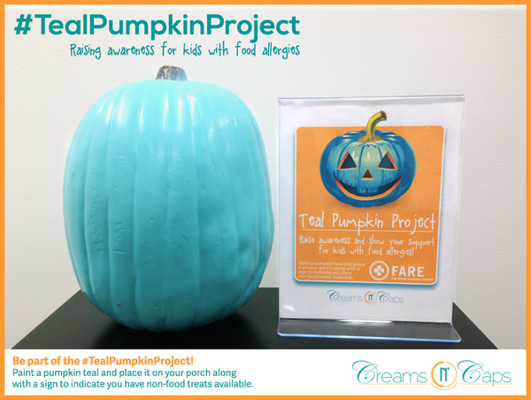CreamsNCaps's tweet photo. We have our teal pumpkin out for the @FoodAllergy's #TealPumpkinProject! #foodallergies http://t.co/gYO96Rmfa0