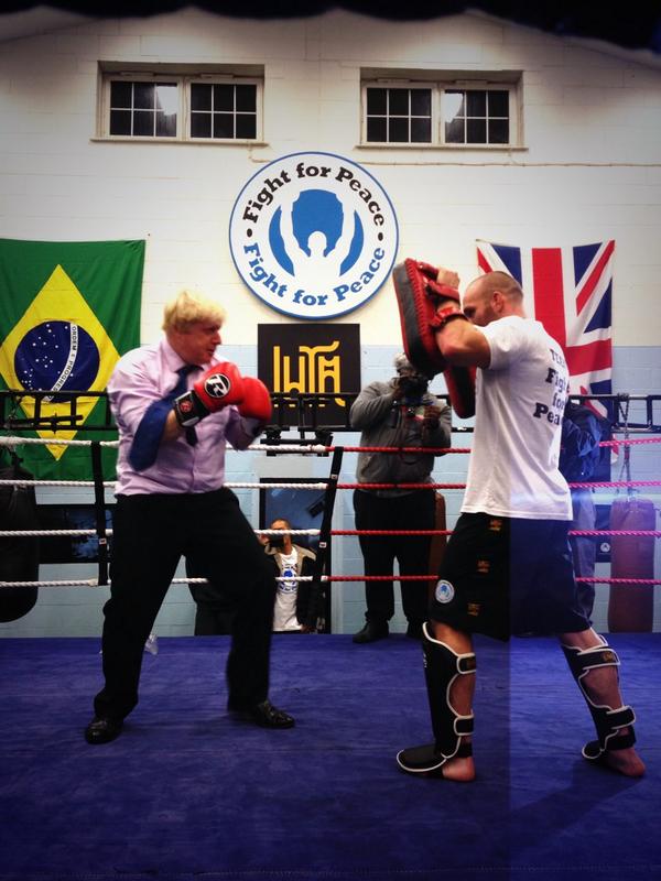 Boris Johnson <a href="/MayorofLondon/">Mayor of London, Sadiq Khan</a> in the ring at <a href="/fightforpeace/">Fight for Peace</a>