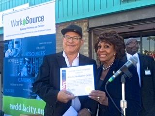 Tim Watkins, Pres/CEO <a href="/WLCAC/">WLCAC</a>, Congresswoman <a href="/MaxineWaters/">Maxine Waters</a> at Watts WorkSource Center opening <a href="/LAEWDD/">LAEWDD</a>