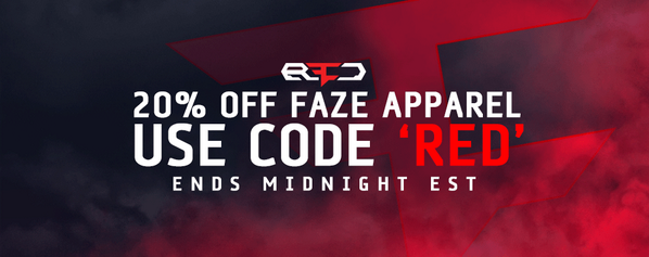 FaZeClan's tweet photo. Use code "RED" &amp; save 20% OFF ALL apparel in our store! Sale ends tonight, midnight EST http://t.co/Z96gQZBdot http://t.co/E8m3XitWSW