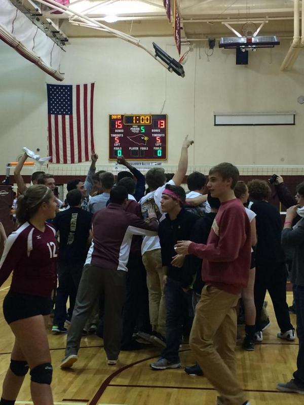 DavisonMade's tweet photo. DC Varsity Vball beats CA going all 5 matches...WOW! The "Nest"- HUGE in the win rushing the floor after! #WeAreOne http://t.co/EOLXIN4ATR