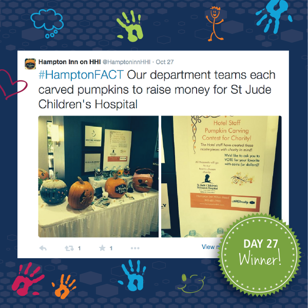 Hamptonality's tweet photo. Day 27 winner of #31DaysofHOH is @HamptoninnHHI! Congrats! #HamptonFACT http://t.co/PEt8WF737T