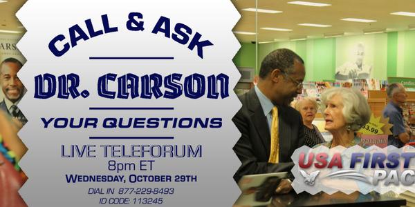 USAfirstPAC's tweet photo. Make sure to call @RealBenCarson tomorrow and ask questions from 8pm-9pm EDT!

Phone: 877-229-8493
ID Code: 113245 http://t.co/pUj37ntfgB
