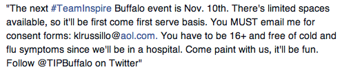 TeamInspireFAQ's tweet photo. #TeamInspire event in Buffalo NY on 10 November. Talk to @klrussillo @TIPBuffalo if you're going! :) http://t.co/fIjsFuM5Vf