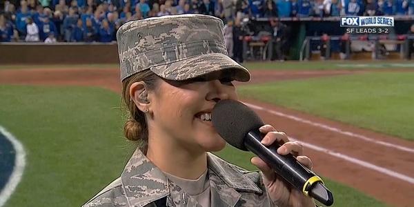 ErinAndrews's tweet photo. !! RT @MLB: The Game 6 rendition of God Bless America was exquisite: http://t.co/NIB4dhdkTt #TroopThanks http://t.co/ty34VIuuG7