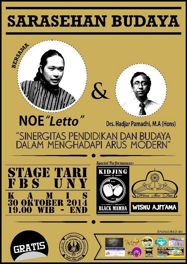 jogjamedia's tweet photo. BESOK! 30/10/14 19.00 | Sarasehan Budaya w/ @noegeese "Letto" | Stage Tari FBS UNY | info: @bemfbsuny http://t.co/51UvFxz5lk