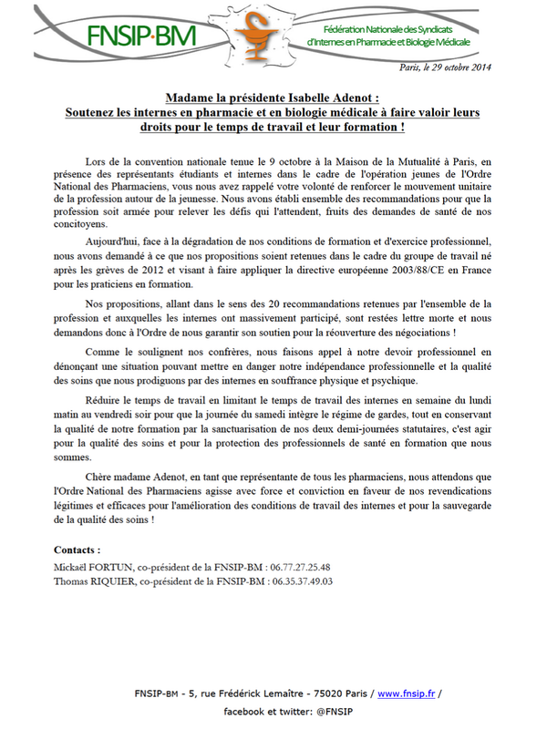 fnsip_bm's tweet photo. Lettre ouverte de la @fnsip a @Ordre_Pharma http://t.co/3QghxjJnFL cc @IsabelleAdenot