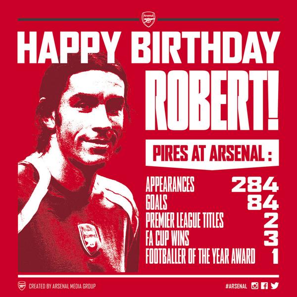 Arsenal's tweet photo. Morning all - and we start by wishing a very happy birthday to @Arsenal legend @piresrobert7! #HappyBirthdayBobby http://t.co/53sZokWGFZ