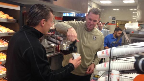 Looking great! “<a href="/slapschotts/">Ken Schott #ThePartingSchottsPodcast</a>: #UnionHockey coach Rick Bennett pours coffee for #RPIHockey coach <a href="/SethAppert/">Seth Appert</a> ”