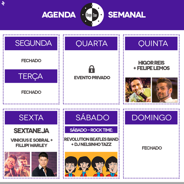 ChoppTimeJP's tweet photo. Essa semana tem forró, sertanejo e rock pra você curtir. Eaí, já escolheu o seu dia preferido? A gente te espera! http://t.co/VLsXB41qp7
