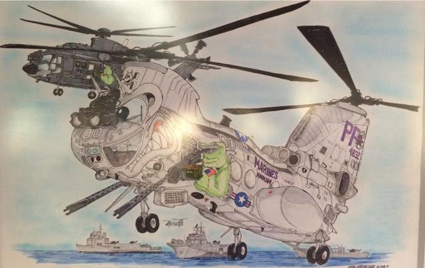 MCASMiramarCA's tweet photo. Sweet Drawing! A Chilean Senior Airframes Painter drew this for HMM-364, now VMM-364 #HMM364 #avgeek #aviation http://t.co/jiSk1ih9Ao