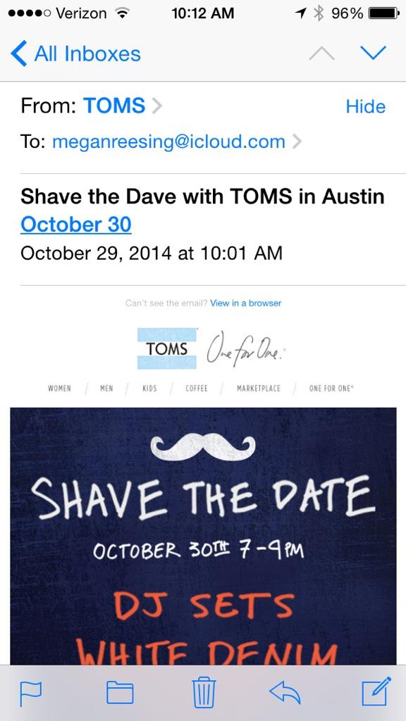 MegReesing's tweet photo. @TOMS So am I shaving Dave or my Date?! Haha #confused http://t.co/T3ZM3JrHfO