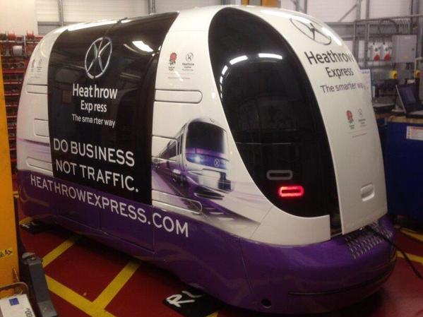 A <a href="/HeathrowAirport/">Heathrow Airport</a> Terminal 5 pod newly wrapped in Heathrow Express colours #joineduptravel