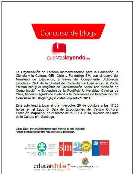 qelchile's tweet photo. 29/10 en #FILSA2014 a las 17.30 ¡Imprime la invitación y entra gratis!  @bibliotecasCRA @Ediciones_SM @educarchile http://t.co/w5nP3tpWug