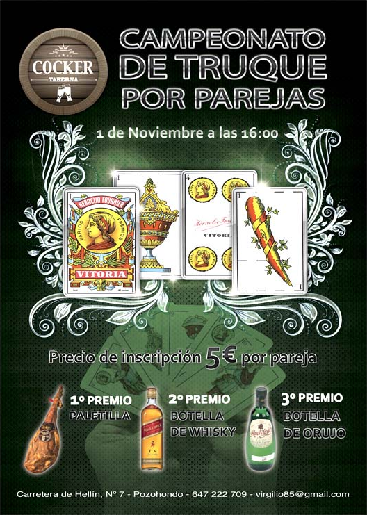 Taberna_Cocker's tweet image. Campeonato de Truque en Taberna Cocker
1 de Noviembre a las 16:00
Inscripción 5 euros pareja
Paletilla
Whisky
Orujo