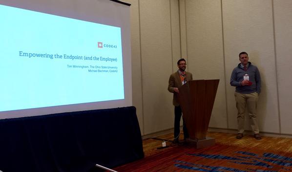 I2amSean's tweet photo. Tim Winningham of @OhioState and Michael Bachman of @code42 present on Data to the Cloud at #TechEX14 http://t.co/YewqyTMdxz