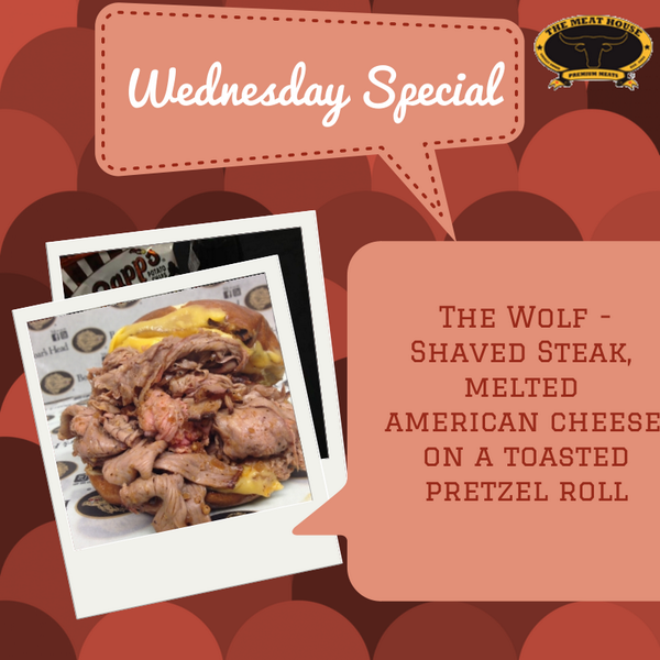 TheMeatHouseOK's tweet photo. It's Wolf Wednesday - shaved steak with American cheese on a toasted pretzel bun, chips &amp; a soda for $7.99 + tax. http://t.co/JpWmoRVJnv