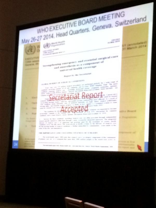 drrayprice's tweet photo. WHO Exec Bd accepts WHA resolution for Surgery & Anesthes for health to agenda for 2015 vote #acs2014 #globalsurgery http://t.co/nHHajiidny