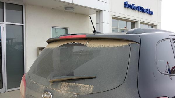 YorktonHyundai's tweet photo. A perfect example of Hyundai #Techology.  The rear spoilers keep the dust off on our SK grid roads!  ~Colleen~ http://t.co/w3ZSduspSb