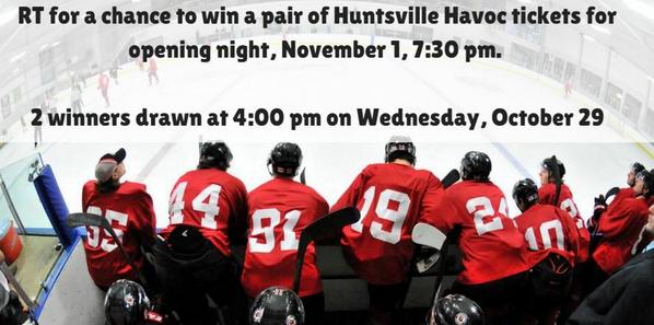 DowntownHSV's tweet photo. Opening night for @HavocHockey is Sat. Nov. 1. RT for a chance to win a pair of tickets. #DowntownHuntsville http://t.co/FQiVizcwuv