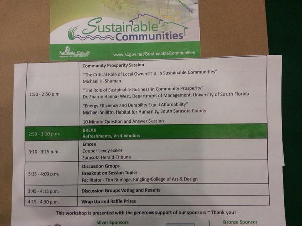TheRoadDogDiary's tweet photo. Up next-Community Prosperity. U should join us @ the Sustainable Community WKShop. #SCW14 @SustainSara @SRQCountyGov http://t.co/ol7nBxir4O