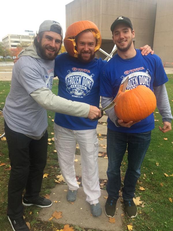 syrhockey's tweet photo. RT @JimSarosy: Crunch players @L28witko, @dsmitty33 and Eric Neilson after shooting an in-game Halloween spot. http://t.co/nN2RstcYso
