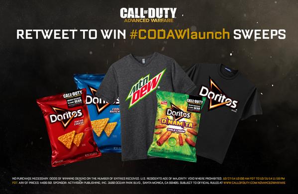 CallofDuty's tweet photo. RT for a chance to win a @mtn_dew &amp; @Doritos Game Fuel Prize Pack. Rules: http://t.co/vdCcR60vvJ #CODAWLaunch http://t.co/klEdQcAqVR
