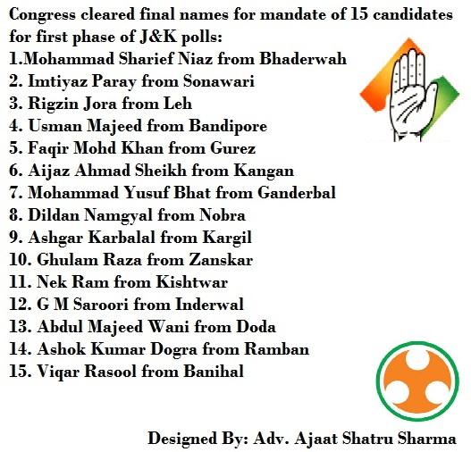 PYC_JandK's tweet photo. Congress cleared 15 names for Ist phase elections in J&amp;K State. http://t.co/hWJhKkGVRC